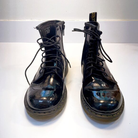 Dr. Martens Delaney Black Patent Combat Boots, Size 4 Men